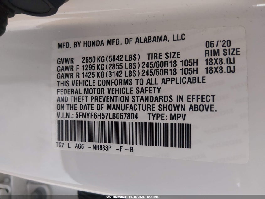 HONDA PILOT 2020 VIN 5FNYF6H57LB067804