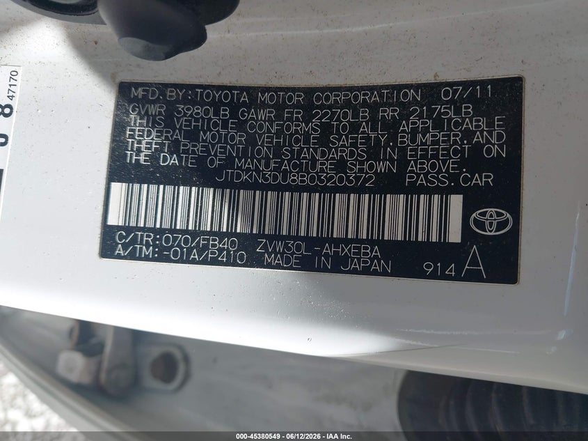 2011 Toyota Prius Three VIN: JTDKN3DU8B0320372 Lot: 45380549