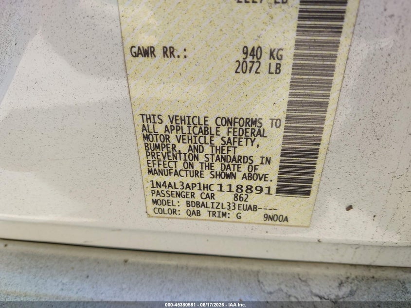 VIN 1N4AL3AP1HC118891 2017 NISSAN ALTIMA 2.5/2.5 S/2.5 SL/2.5 SR/2.5 SV