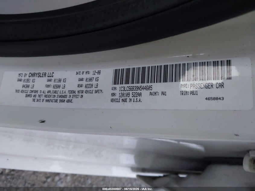2009 CHRYSLER SEBRING SEDAN 2.4L I-4 DOHC, VVT, 173HP