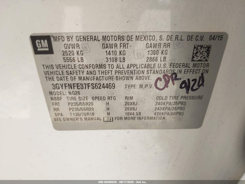 2015 Cadillac Srx Performance Collection VIN: 3GYFNFE37FS624469 Lot: 45380838