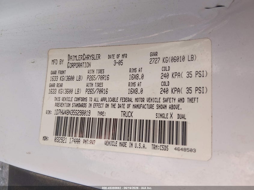 2005 Dodge Dakota Slt VIN: 1D7HW48N35S298019 Lot: 45380882