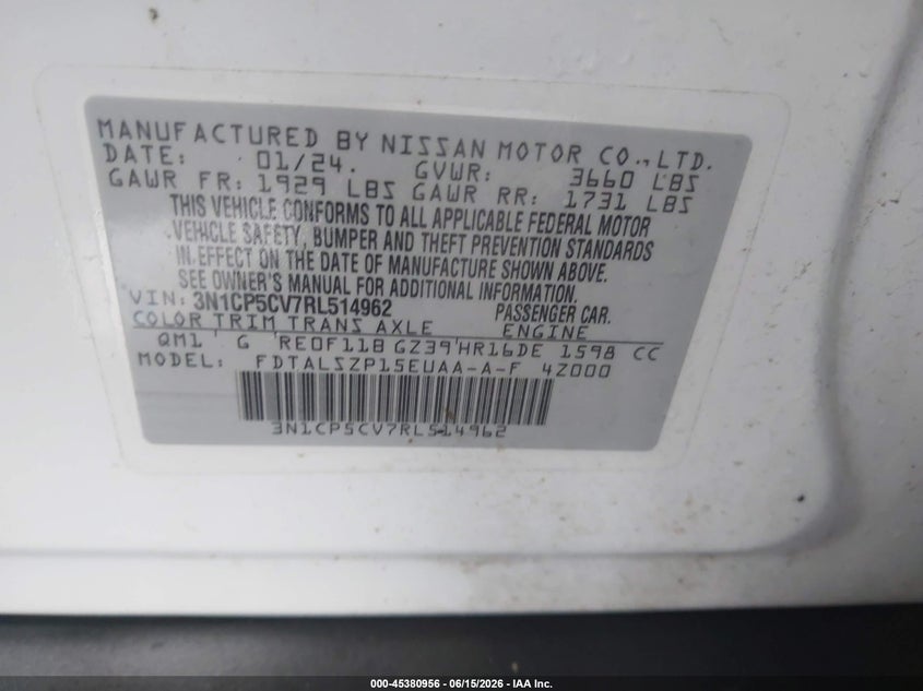 2024 NISSAN KICKS 1.6L I-4 DOHC, VVT, (VIN: 3N1CP5CV7RL514962
