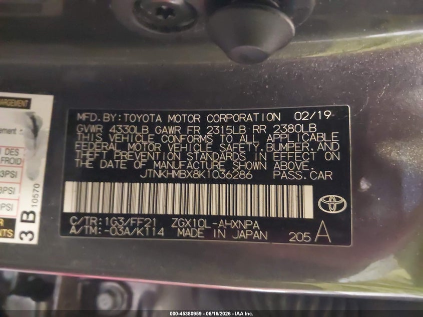 2019 Toyota C-Hr Xle VIN: JTNKHMBX8K1036286 Lot: 45380959