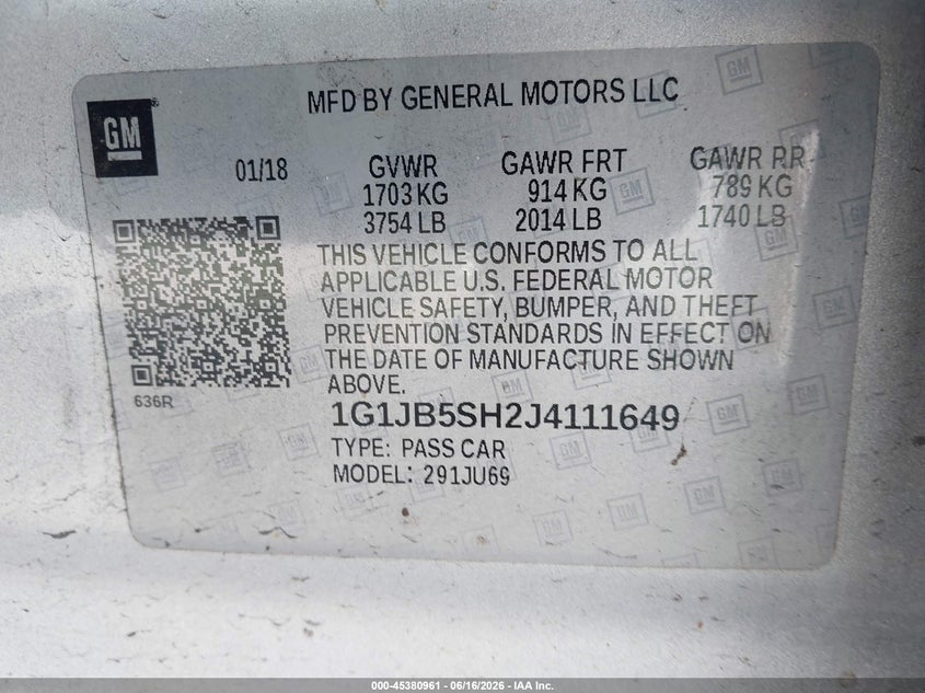 VIN 1G1JB5SH2J4111649 2018 CHEVROLET SONIC LS AUTO