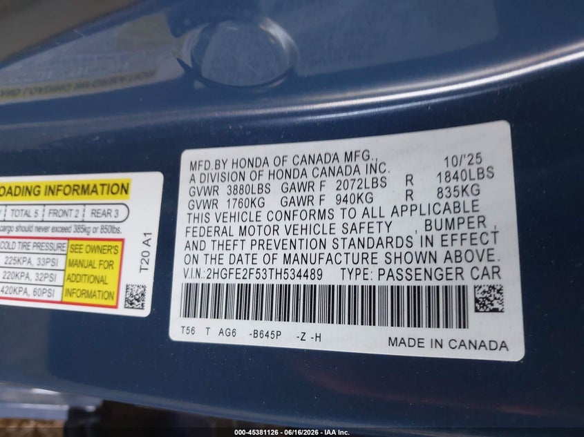 2026 Honda Civic Sport VIN: 2HGFE2F53TH534489 Lot: 45381126