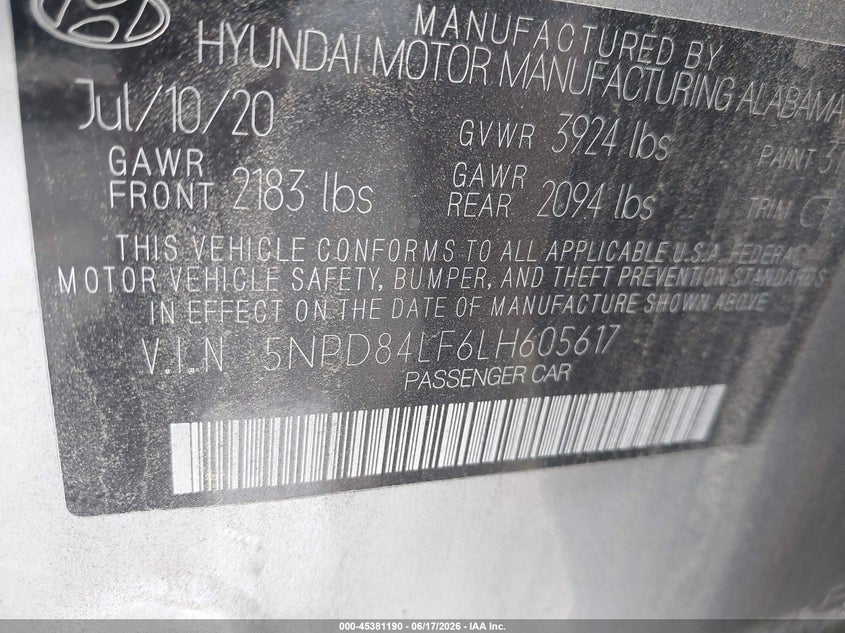 HYUNDAI ELANTRA 2020 VIN 5NPD84LF6LH605617