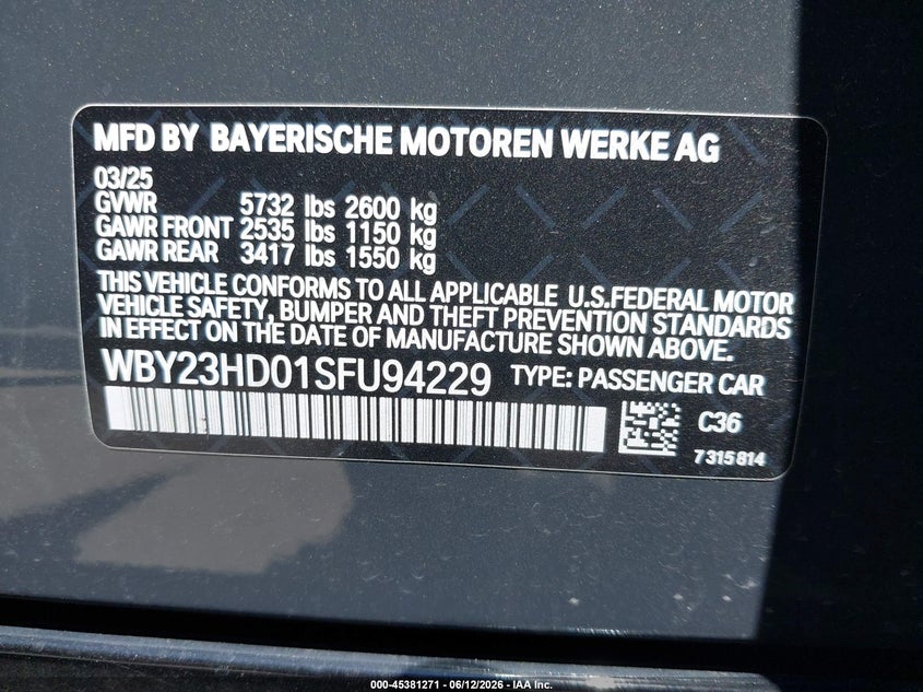 2025 BMW I4 Gran Coupe Edrive40 VIN: WBY23HD01SFU94229 Lot: 45381271
