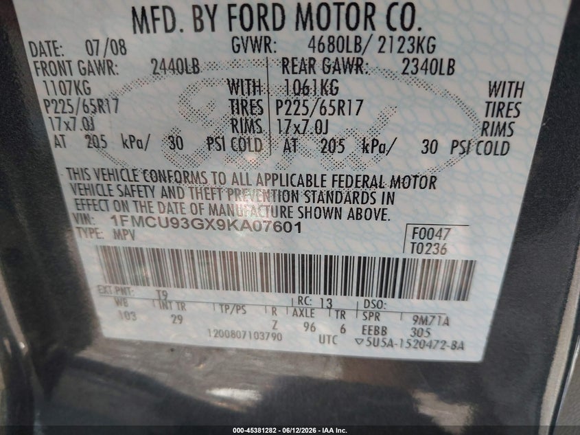 2009 FORD ESCAPE SPORT UTILITY VEHICLE 3.0L V-6 DOHC, VVT, 240HP