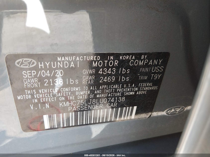 2020 Hyundai Ioniq Electric Se VIN: KMHC75LJ8LU074138 Lot: 45381301