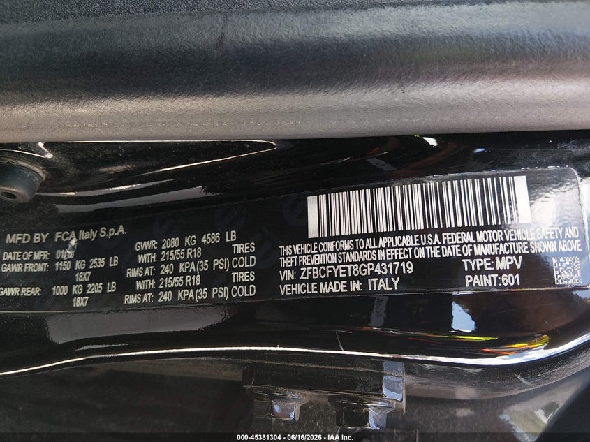 2016 Fiat 500X Trekking Plus VIN: ZFBCFYET8GP431719 Lot: 45381304