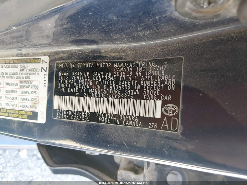 2008 Toyota Matrix Xr VIN: 2T1KR30E18C692315 Lot: 45381329