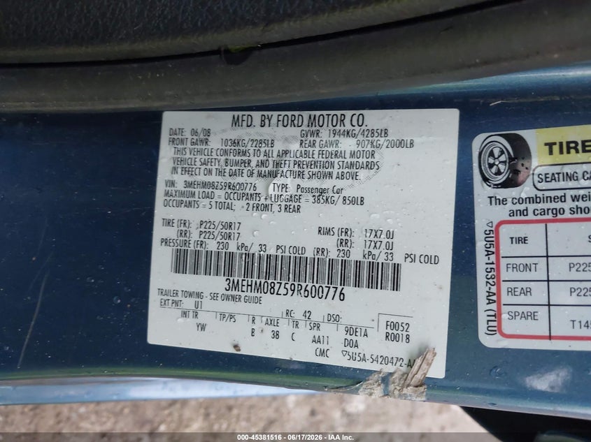 2009 Mercury Milan Premier VIN: 3MEHM08Z59R600776 Lot: 45381516