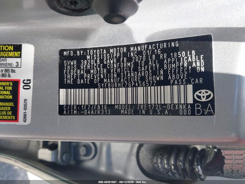2016 TOYOTA COROLLA SEDAN 1.8L I-4 DOHC, VVT, 132HP