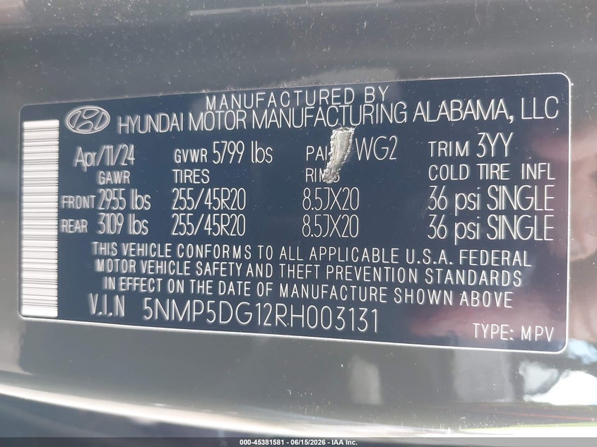 2024 Hyundai Santa Fe Hybrid Calligraphy VIN: 5NMP5DG12RH003131 Lot: 45381581