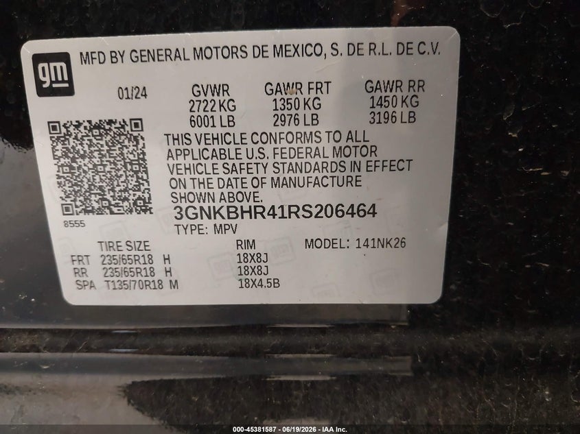CHEVROLET BLAZER 2024 VIN 3GNKBHR41RS206464