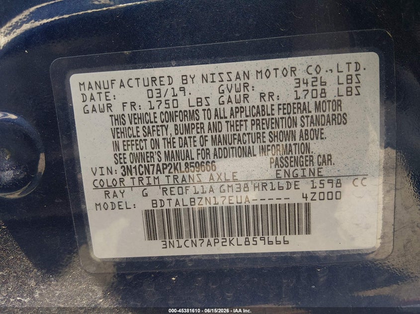 2019 Nissan Versa 1.6 Sv VIN: 3N1CN7AP2KL859666 Lot: 45381610