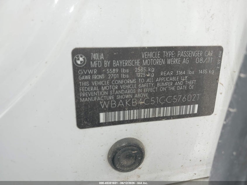 2012 BMW 740Li VIN: WBAKB4C51CC576021 Lot: 45381651