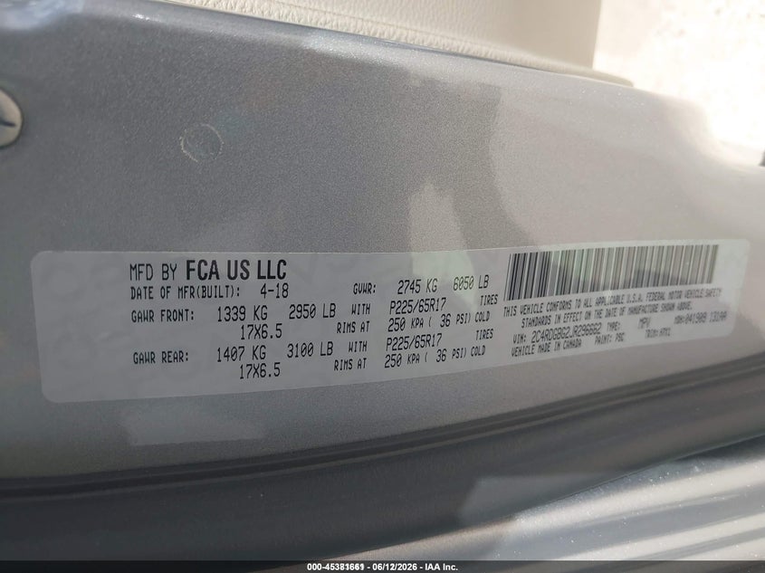 2018 Dodge Grand Caravan Se VIN: 2C4RDGBG2JR296662 Lot: 45381661