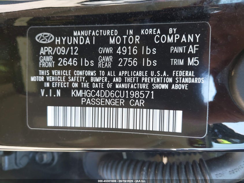 2012 Hyundai Genesis 3.8 VIN: KMHGC4DD6CU198571 Lot: 45381686