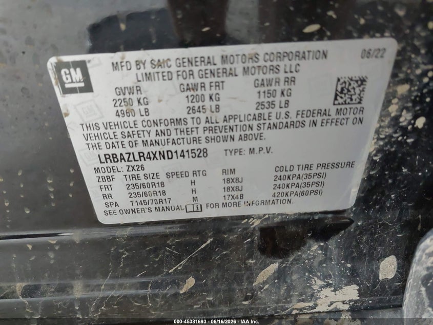 2022 Buick Envision Fwd Preferred VIN: LRBAZLR4XND141528 Lot: 45381693