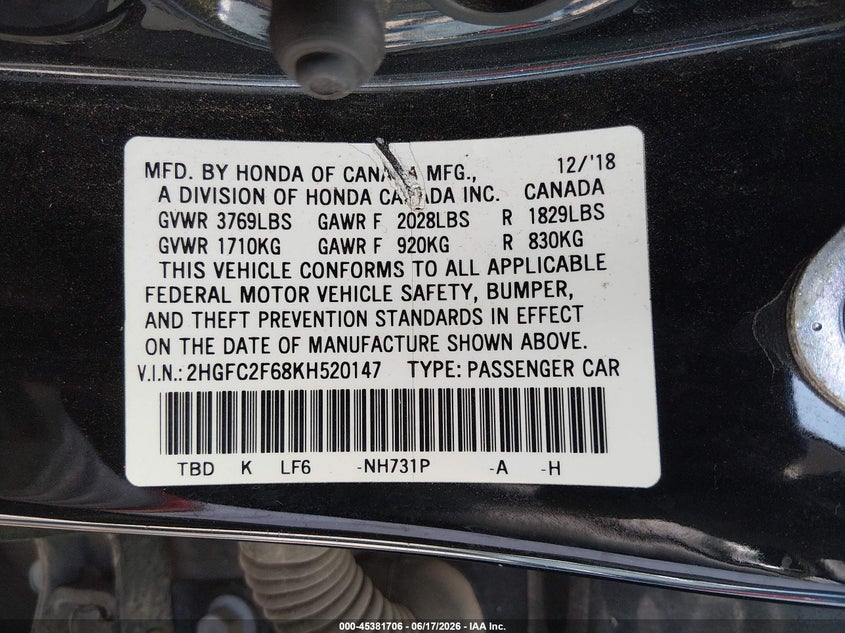 2019 Honda Civic Lx VIN: 2HGFC2F68KH520147 Lot: 45381706
