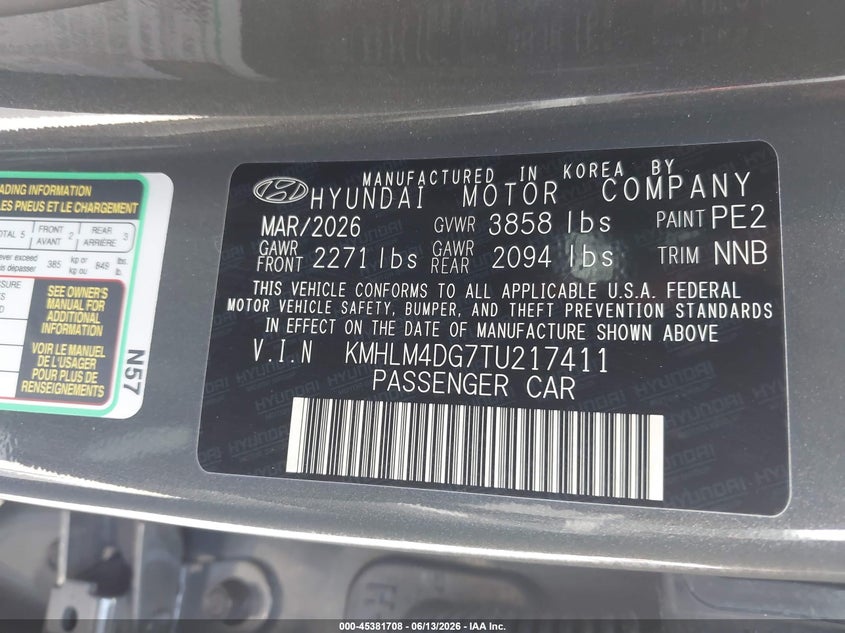 2026 HYUNDAI ELANTRA 2.0L I-4 DOHC, VVT, (VIN: KMHLM4DG7TU217411