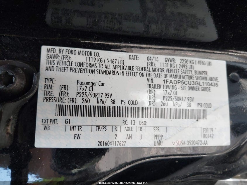 2016 Ford C-Max Energi Sel VIN: 1FADP5CU3GL110435 Lot: 45381785