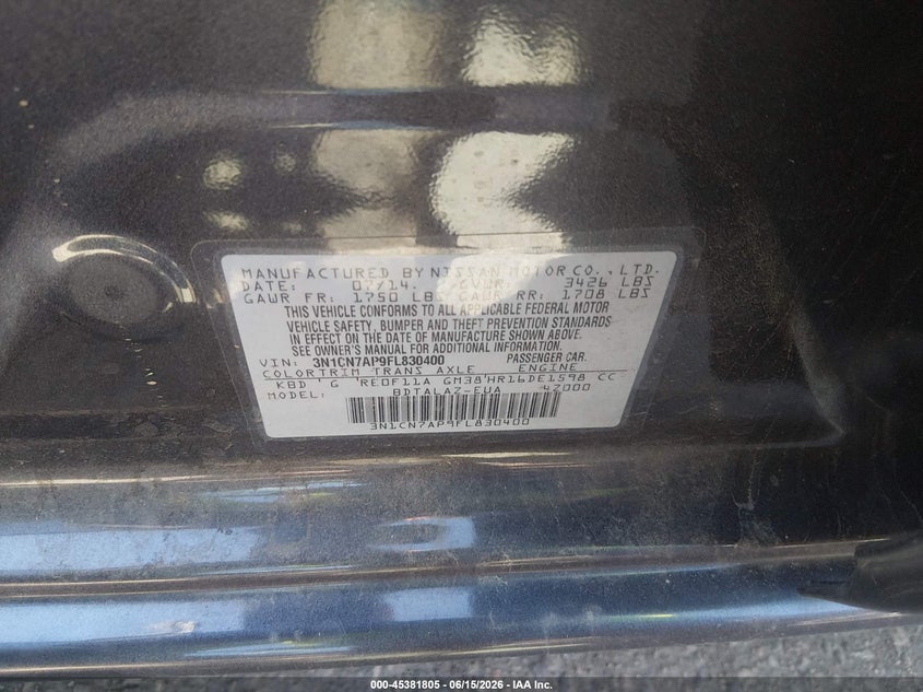 2015 NISSAN VERSA SEDAN 1.6L I-4 DOHC, VVT, 109HP