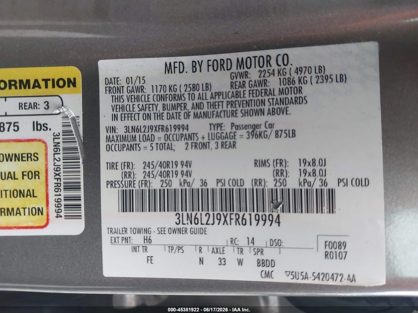 2015 Lincoln Mkz VIN: 3LN6L2J9XFR619994 Lot: 45381922