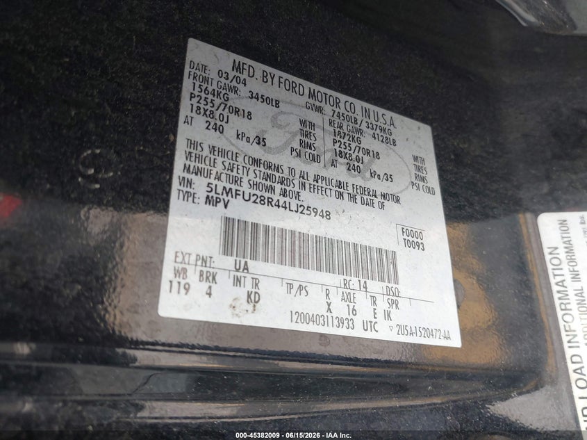 2004 Lincoln Navigator VIN: 5LMFU28R44LJ25948 Lot: 45382009