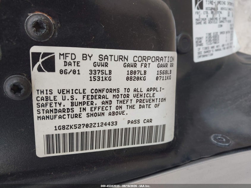 2002 Saturn S-Series Sl2 VIN: 1G8ZK52702Z124433 Lot: 45382035