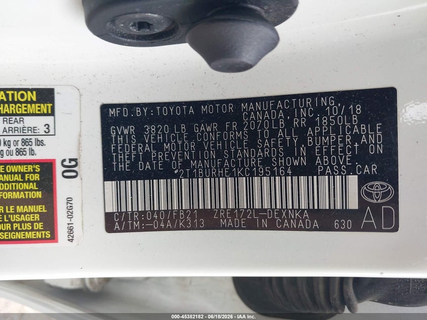 2019 Toyota Corolla Le VIN: 2T1BURHE1KC195164 Lot: 45382182