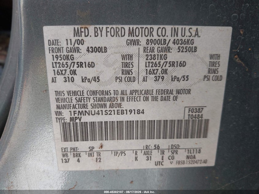 2001 Ford Excursion Xlt VIN: 1FMNU41S21EB19184 Lot: 45382187