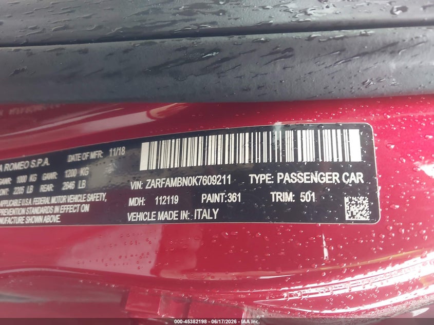 2019 Alfa Romeo Giulia Ti Lusso Rwd VIN: ZARFAMBN0K7609211 Lot: 45382198