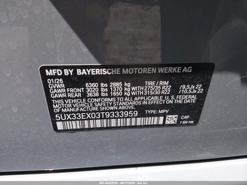 2026 BMW X6 xDrive40I VIN: 5UX33EX03T9333959 Lot: 45382230