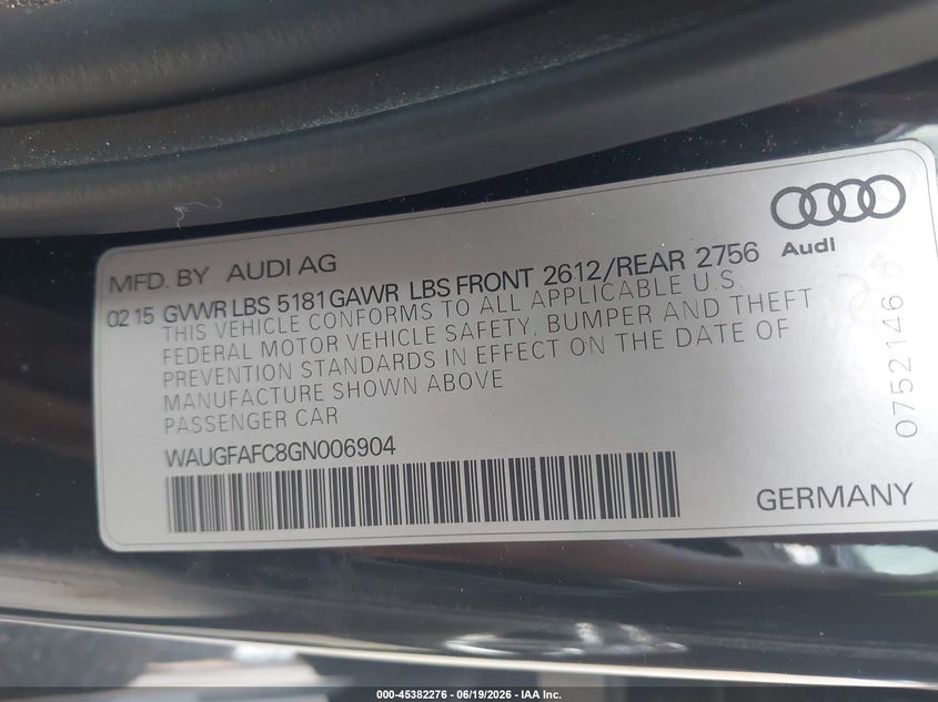 2016 Audi A6 2.0T Premium Plus VIN: WAUGFAFC8GN006904 Lot: 45382276