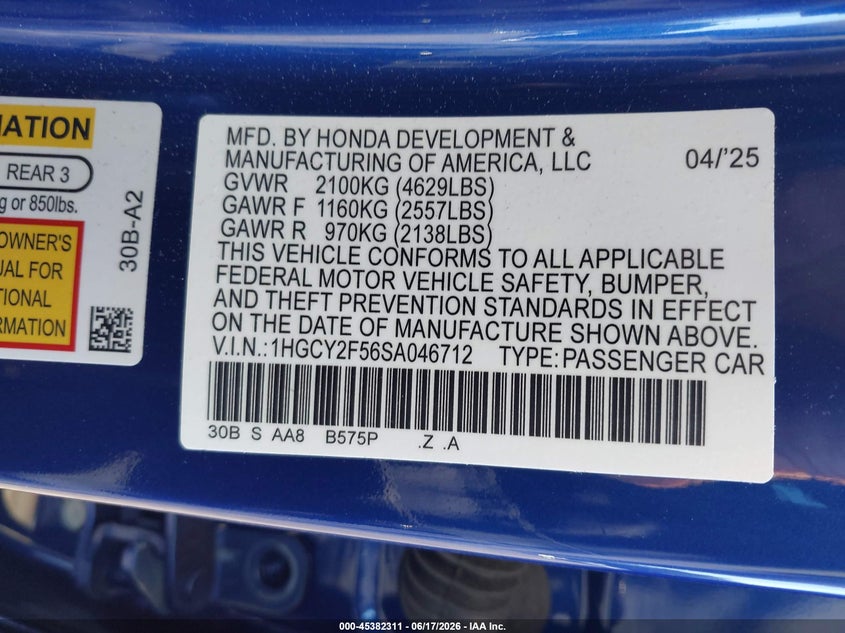 VIN 1HGCY2F56SA046712 2025 HONDA ACCORD HYBRID SPORT