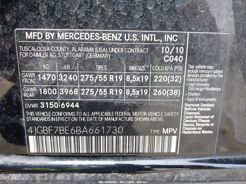 2011 Mercedes-Benz Gl 450 4Matic VIN: 4JGBF7BE6BA661730 Lot: 45382353