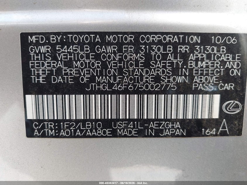 2007 Lexus Ls 460 L VIN: JTHGL46F675002775 Lot: 45382417