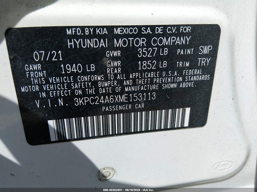 2021 Hyundai Accent Se VIN: 3KPC24A6XME153113 Lot: 45382451
