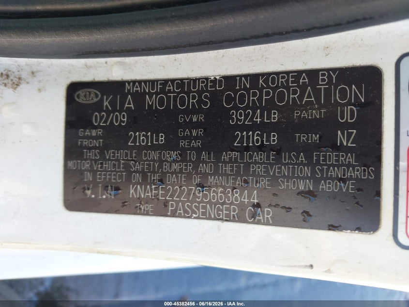 2009 Kia Spectra Ex VIN: KNAFE222795663844 Lot: 45382456