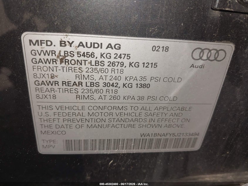 2018 Audi Q5 2.0T Premium/2.0T Tech Premium VIN: WA1BNAFY5J2133494 Lot: 45382480