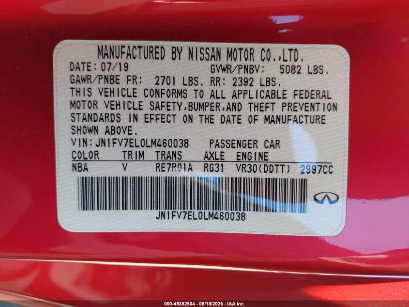 2020 Infiniti Q60 Red Sport 400 Awd VIN: JN1FV7EL0LM460038 Lot: 45382504