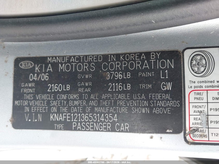 2006 Kia Spectra Ex/Lx/Sx VIN: KNAFE121365314354 Lot: 45382700