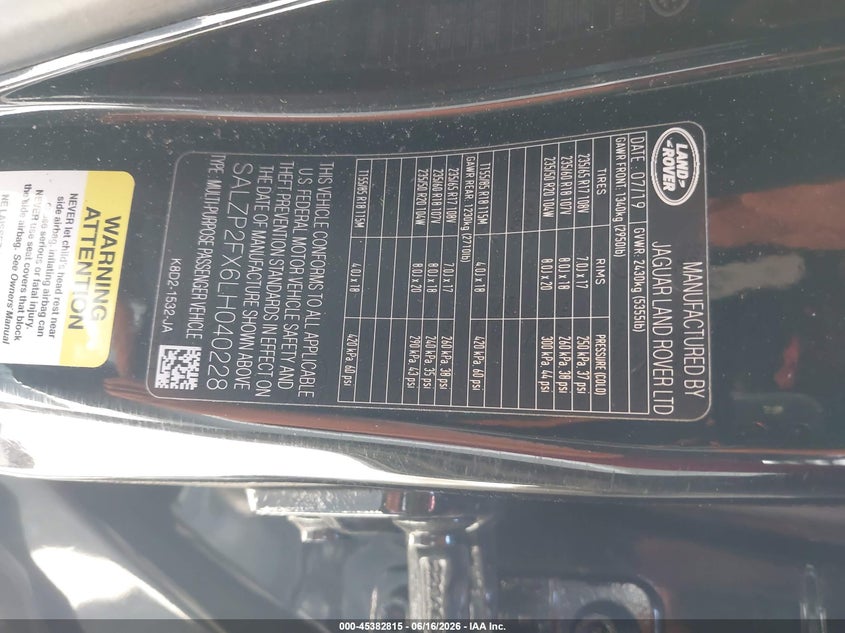 2020 Land Rover Range Rover Evoque Se VIN: SALZP2FX6LH040228 Lot: 45382815