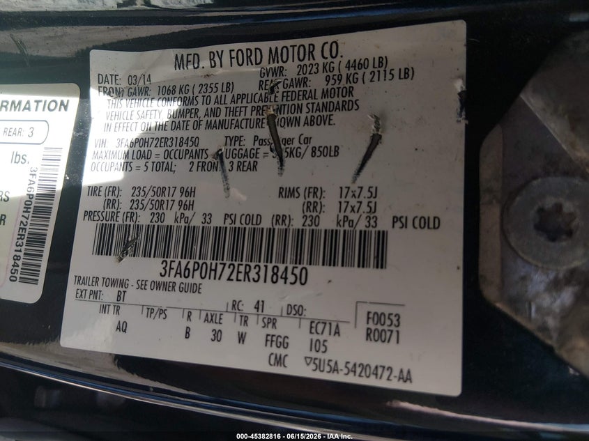 FORD FUSION 2014 VIN 3FA6P0H72ER318450