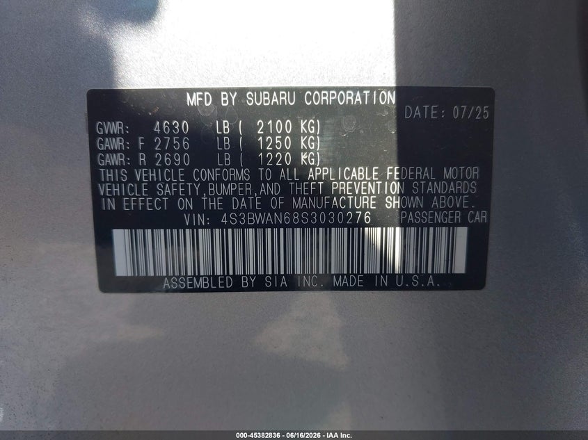 2025 SUBARU LEGACY SEDAN 2.5L H-4 DI, DOHC, VVT, 182HP