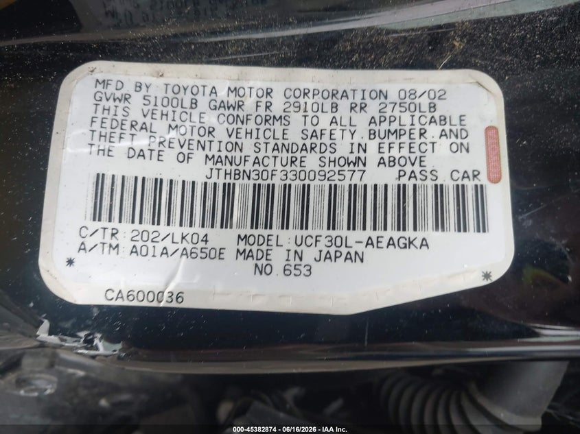 2003 Lexus Ls 430 VIN: JTHBN30F330092577 Lot: 45382874