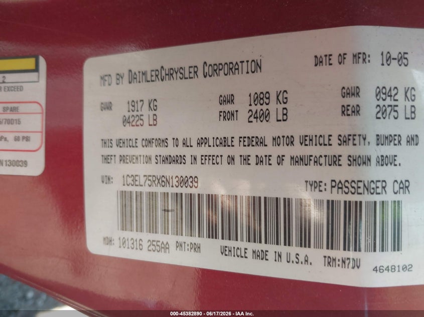 2006 Chrysler Sebring Gtc VIN: 1C3EL75RX6N130039 Lot: 45382890